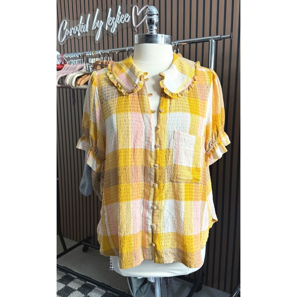 Pilcro Keira Plaid Blouse Womens Large Yellow Pink Ruffle Peter Pan Collar Top